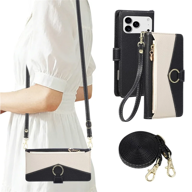 For iPhone 18 Pro Max / 17 Pro Max Case Triangle Splicing Zipper Wallet Leather Cover with Wrist Strap / Shoulder Strap - Zwart
