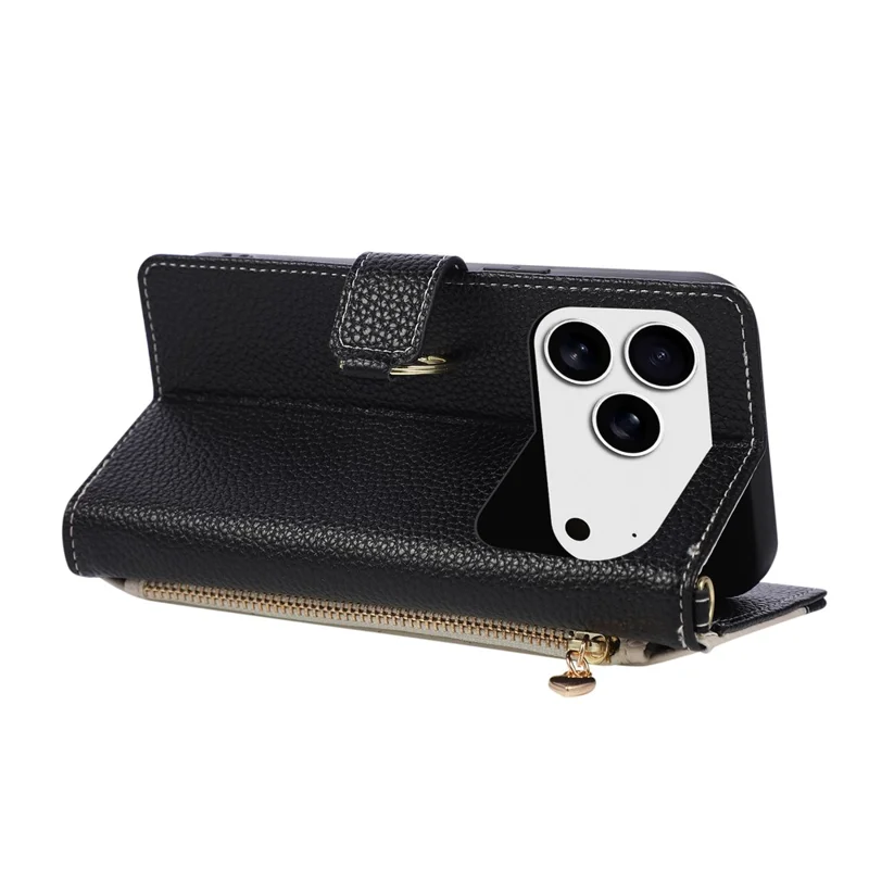 For iPhone 18 Pro Max / 17 Pro Max Case Triangle Splicing Zipper Wallet Leather Cover with Wrist Strap / Shoulder Strap - Zwart