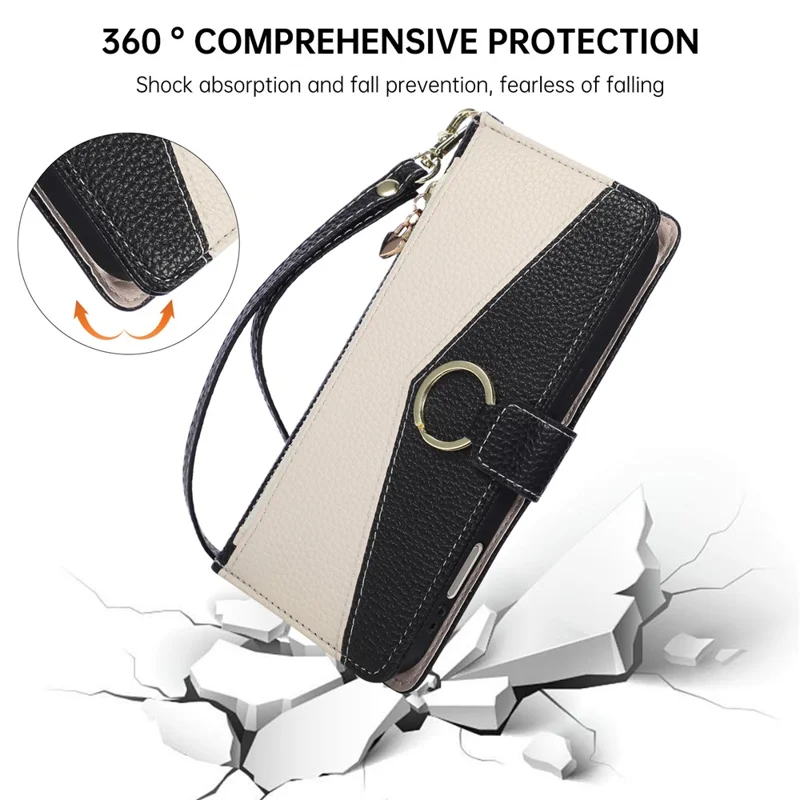 For iPhone 18 Pro Max / 17 Pro Max Case Triangle Splicing Zipper Wallet Leather Cover with Wrist Strap / Shoulder Strap - Zwart