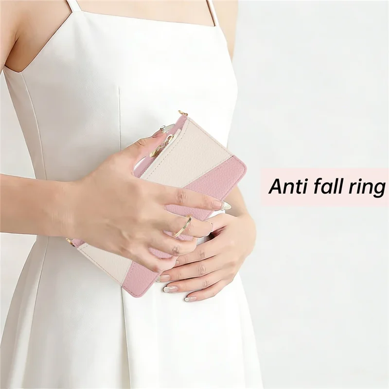 For iPhone 18 Pro / 17 Pro Case Triangle Splicing Zipper Wallet Leather Cover with Wrist Strap / Shoulder Strap - Pink