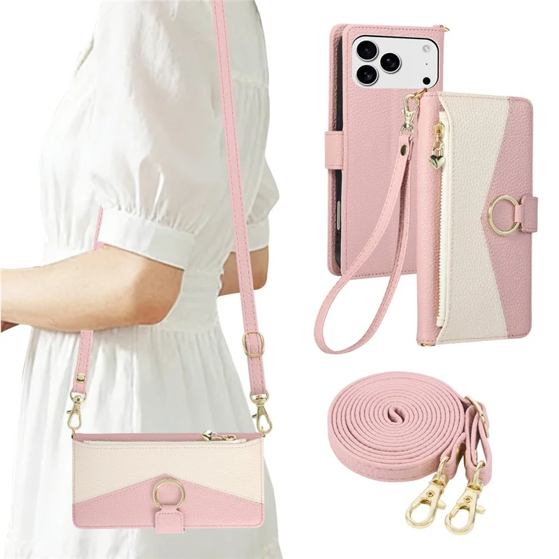 For iPhone 18 Pro / 17 Pro Case Triangle Splicing Zipper Wallet Leather Cover with Wrist Strap / Shoulder Strap - Pink
