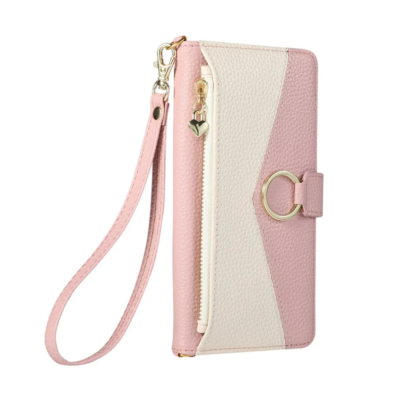 For iPhone 18 Pro / 17 Pro Case Triangle Splicing Zipper Wallet Leather Cover with Wrist Strap / Shoulder Strap - Pink