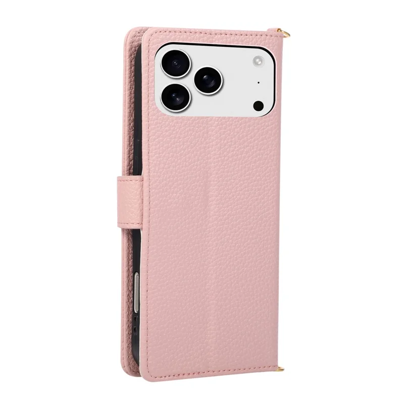 For iPhone 18 Pro / 17 Pro Case Triangle Splicing Zipper Wallet Leather Cover with Wrist Strap / Shoulder Strap - Pink
