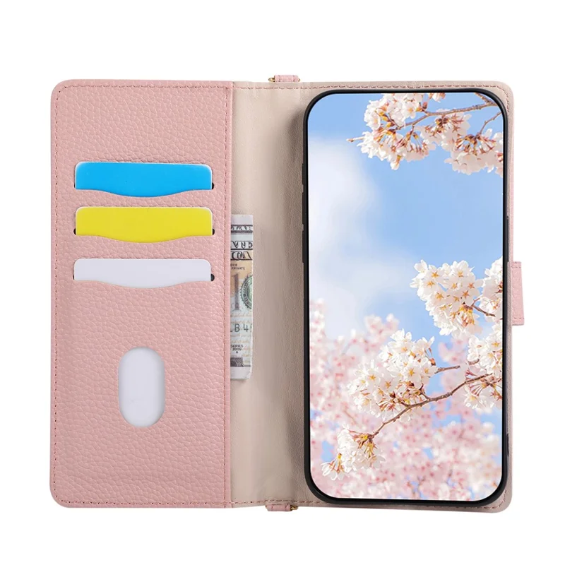 For iPhone 18 Pro / 17 Pro Case Triangle Splicing Zipper Wallet Leather Cover with Wrist Strap / Shoulder Strap - Pink
