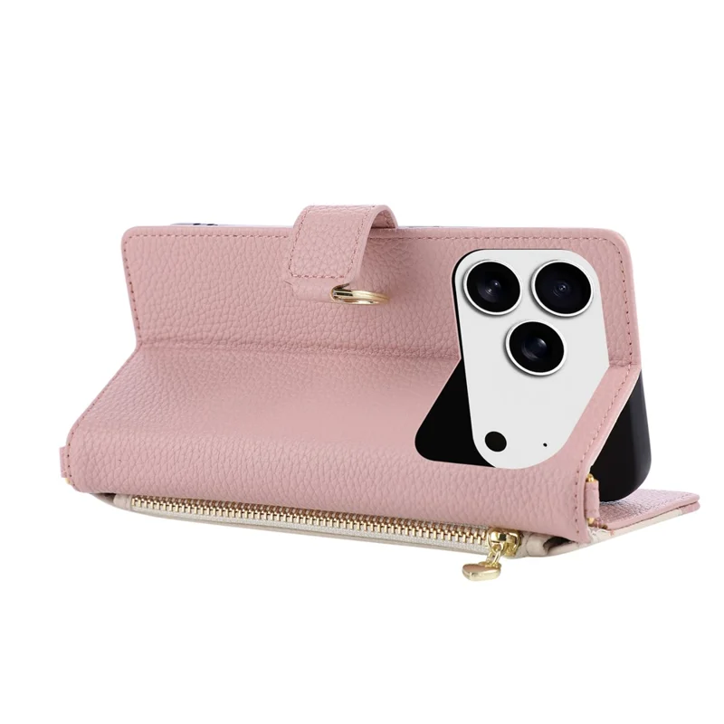 For iPhone 18 Pro / 17 Pro Case Triangle Splicing Zipper Wallet Leather Cover with Wrist Strap / Shoulder Strap - Pink