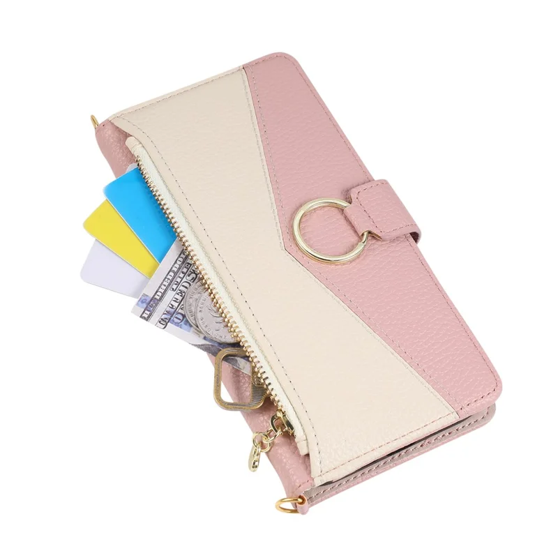 For iPhone 18 Pro / 17 Pro Case Triangle Splicing Zipper Wallet Leather Cover with Wrist Strap / Shoulder Strap - Pink
