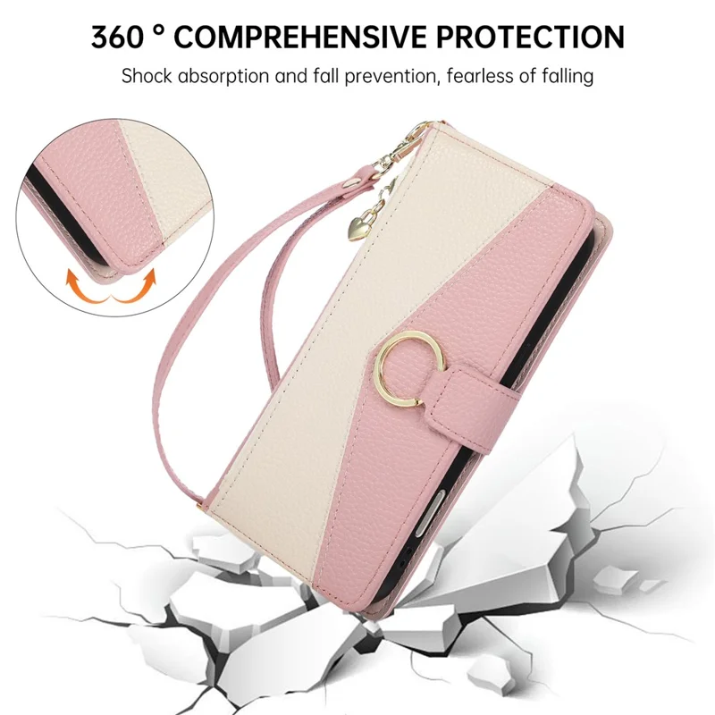 For iPhone 18 Pro / 17 Pro Case Triangle Splicing Zipper Wallet Leather Cover with Wrist Strap / Shoulder Strap - Pink