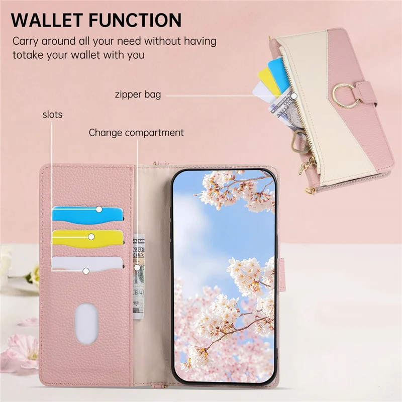 For iPhone 18 Pro / 17 Pro Case Triangle Splicing Zipper Wallet Leather Cover with Wrist Strap / Shoulder Strap - Pink