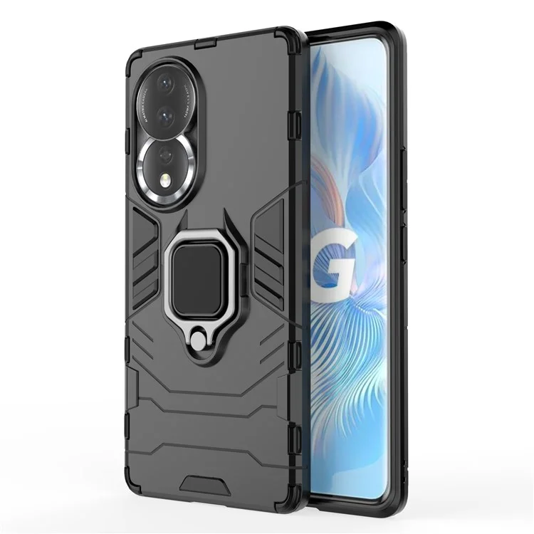 Caso de Protección Del Teléfono Celular Para Honor 80 5G, PC Duro de Kickstand de Anillo TPU Soft TPU Anti-drop Cover - Negro