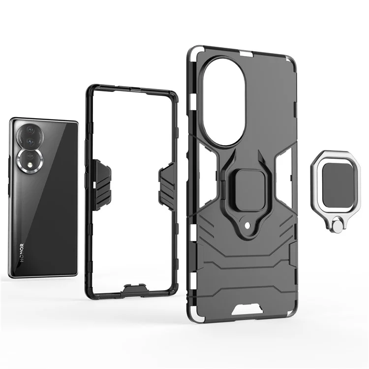 Caso de Protección Del Teléfono Celular Para Honor 80 5G, PC Duro de Kickstand de Anillo TPU Soft TPU Anti-drop Cover - Negro