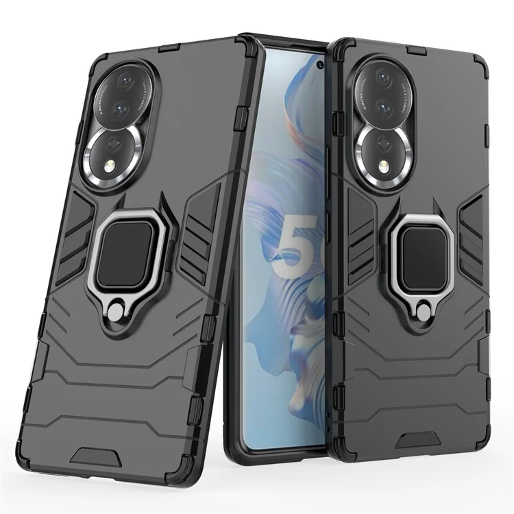 Caso de Protección Del Teléfono Celular Para Honor 80 5G, PC Duro de Kickstand de Anillo TPU Soft TPU Anti-drop Cover - Negro
