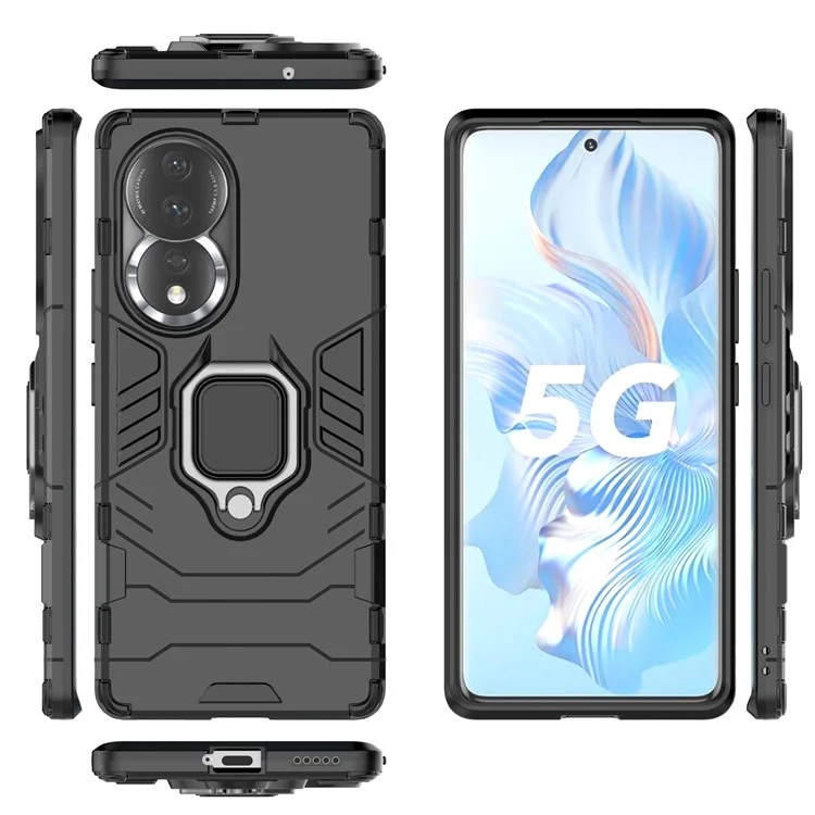 Caso de Protección Del Teléfono Celular Para Honor 80 5G, PC Duro de Kickstand de Anillo TPU Soft TPU Anti-drop Cover - Negro