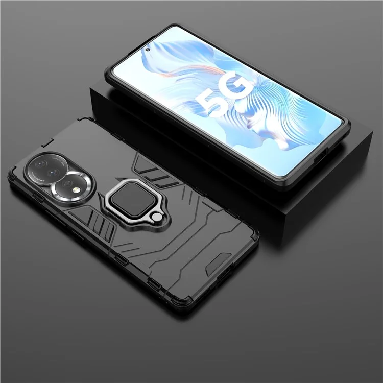 Caso de Protección Del Teléfono Celular Para Honor 80 5G, PC Duro de Kickstand de Anillo TPU Soft TPU Anti-drop Cover - Negro