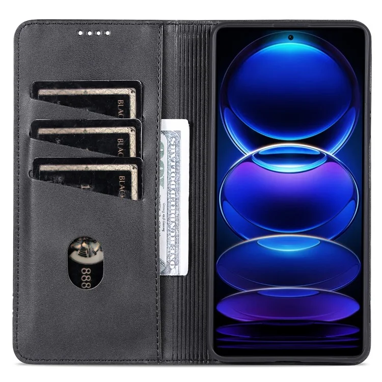 AZNS For Xiaomi Redmi Note 12 Pro Speed 5G / Poco X5 Pro 5G / Note 12 Pro 5G Cowhide Texture Shockproof Phone Stand Case PU Leather Magnetic Auto-absorbed Folio Flip Wallet Cover  - Black