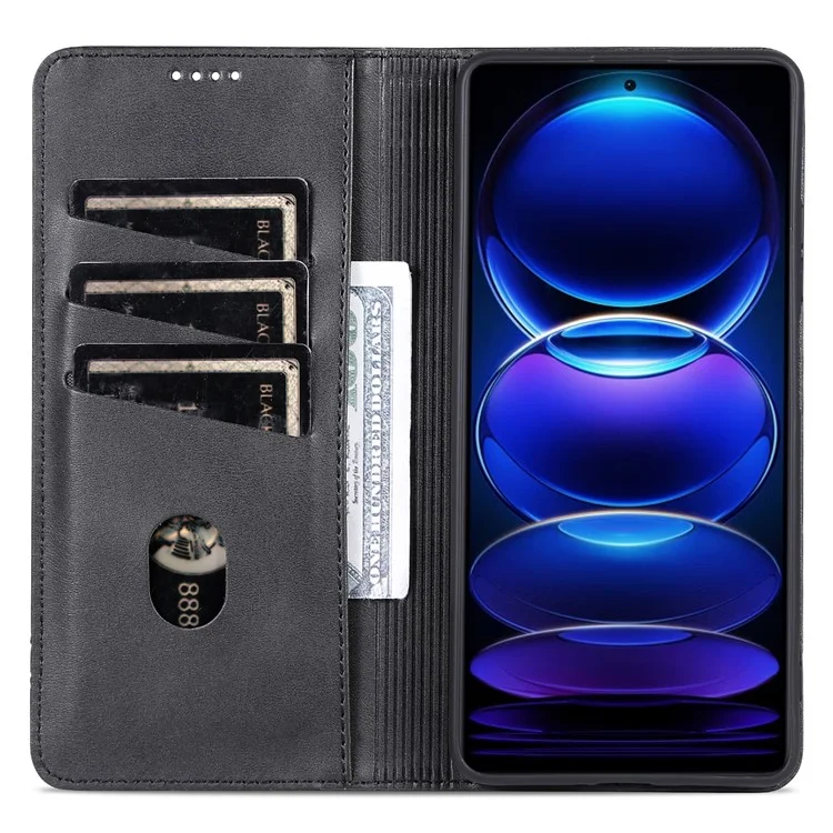 Azns Für Xiaomi Redmi Anmerkung 12 Pro+ 5G Cowdhide Textur PU Leder Hülle Magnetische Automatisch Absorbierte Stand Brieftasche Telefonabdeckung - Schwarz