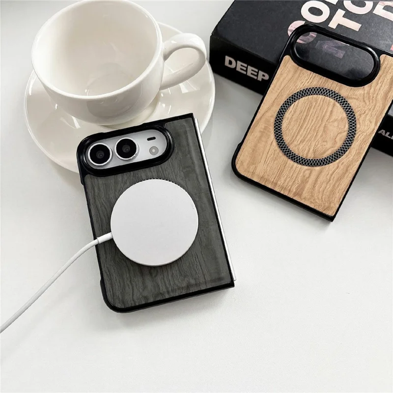 For iPhone Duo Magnetic Case Wood Grain Leather + PC Phone Cover - Black