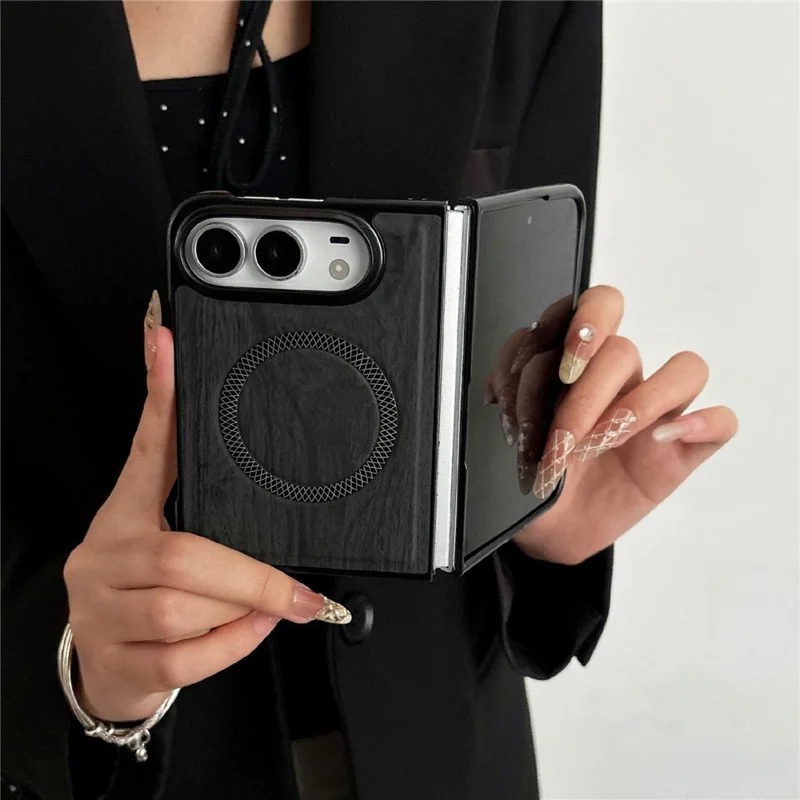 For iPhone Duo Magnetic Case Wood Grain Leather + PC Phone Cover - Black