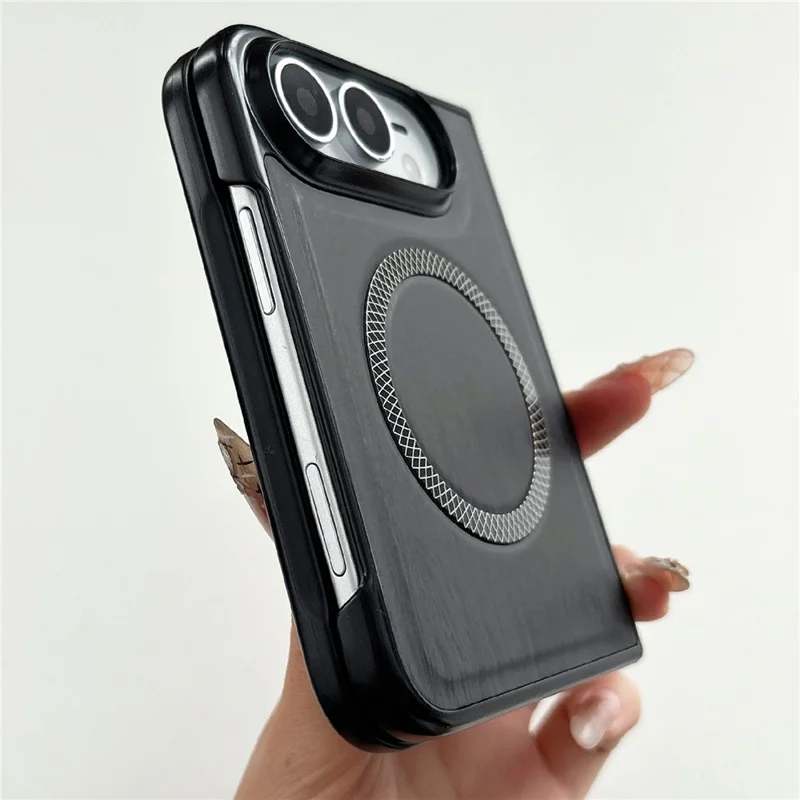 For iPhone Duo Magnetic Case Wood Grain Leather + PC Phone Cover - Black