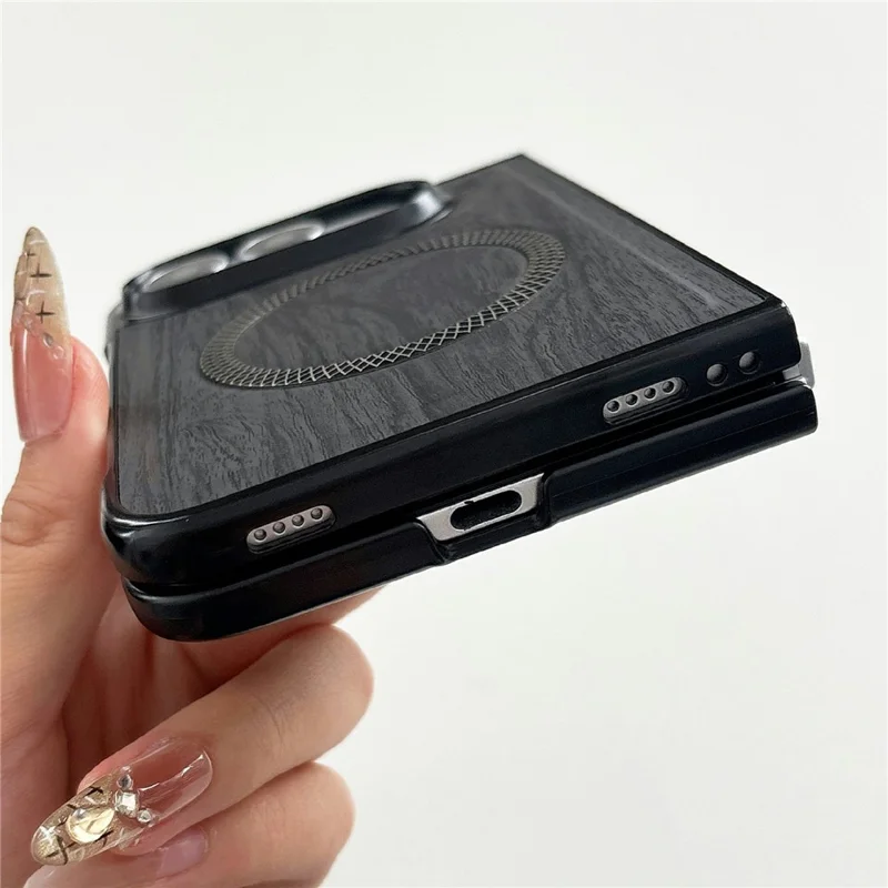 For iPhone Duo Magnetic Case Wood Grain Leather + PC Phone Cover - Black