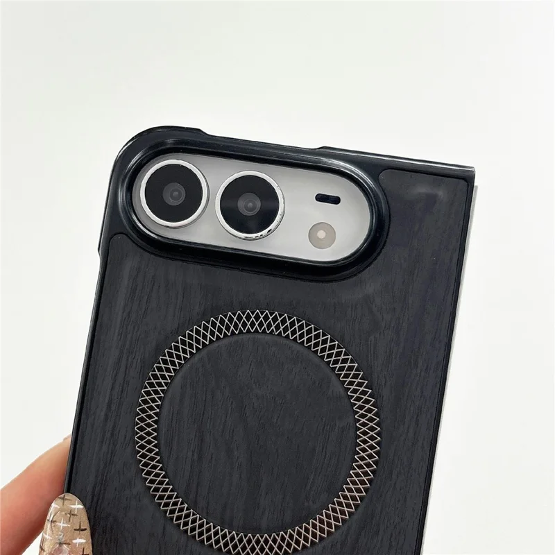 For iPhone Duo Magnetic Case Wood Grain Leather + PC Phone Cover - Black