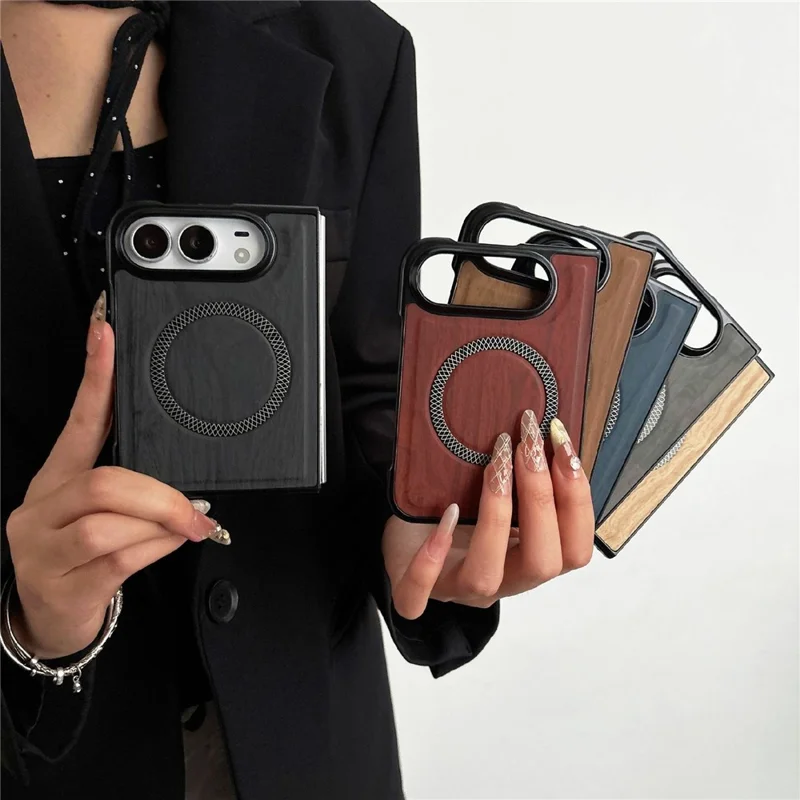 For iPhone Duo Magnetic Case Wood Grain Leather + PC Phone Cover - Black
