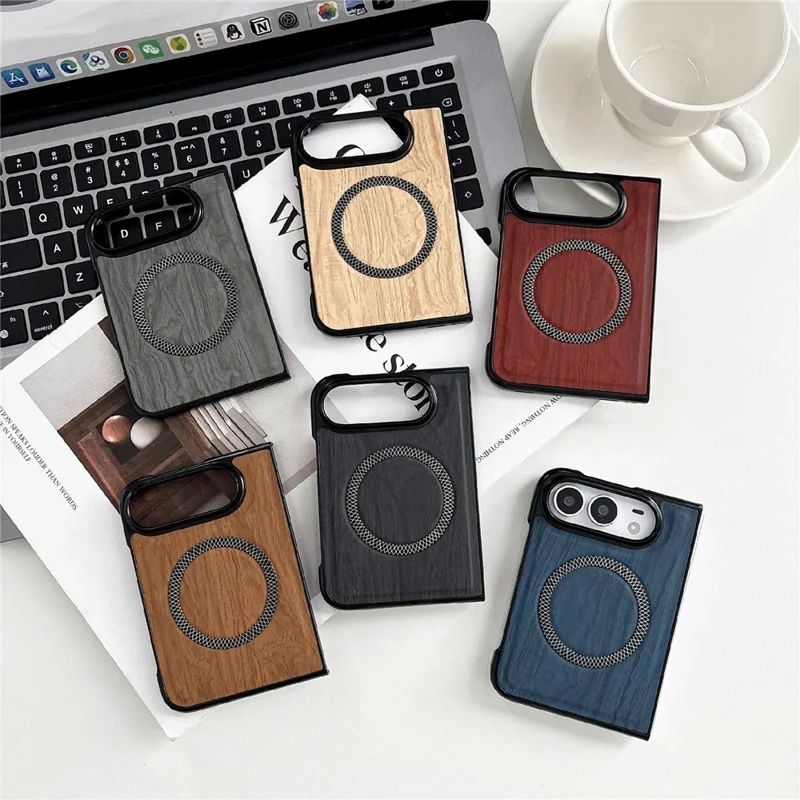 For iPhone Duo Magnetic Case Wood Grain Leather + PC Phone Cover - Black