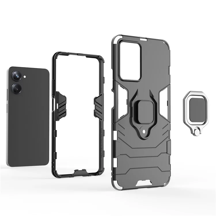 Pour Realme 10 Pro 5G Ring Kickstand Shock Absorption Cell Telephone Case Hard pc + Soft TPU Protective Cover - le Noir