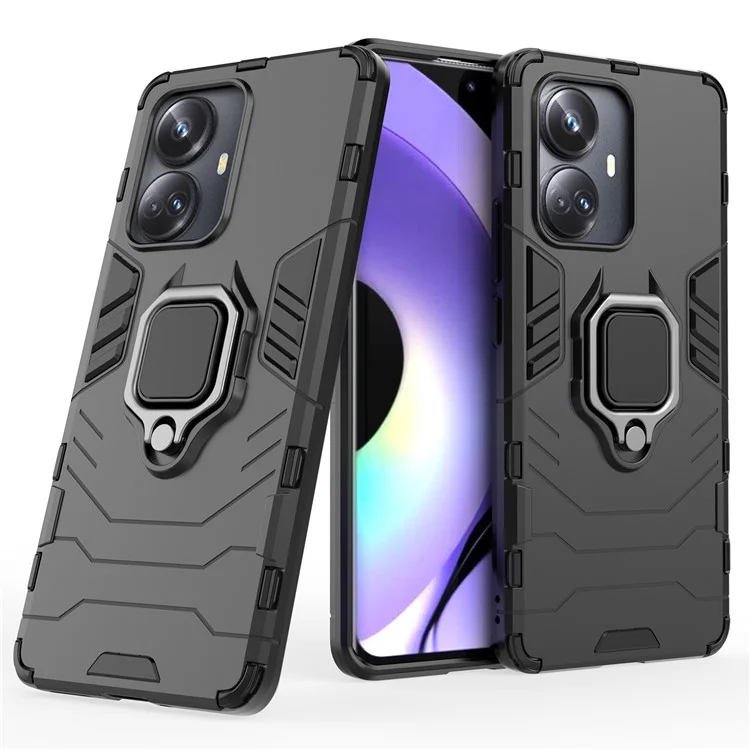 Für Realme 10 Pro+ 5G Ring Kickstand Phone Hülle Drop-of-pc+ Tpu Hybrid-abdeckung - Schwarz