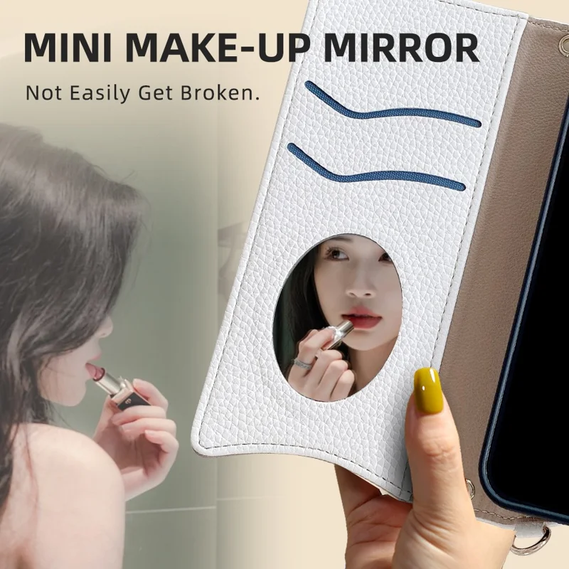 For Samsung Galaxy S24 FE Leather Case Fishtail Design Folding Stand Wallet Phone Cover with Mirror Long Strap Short Strap - White