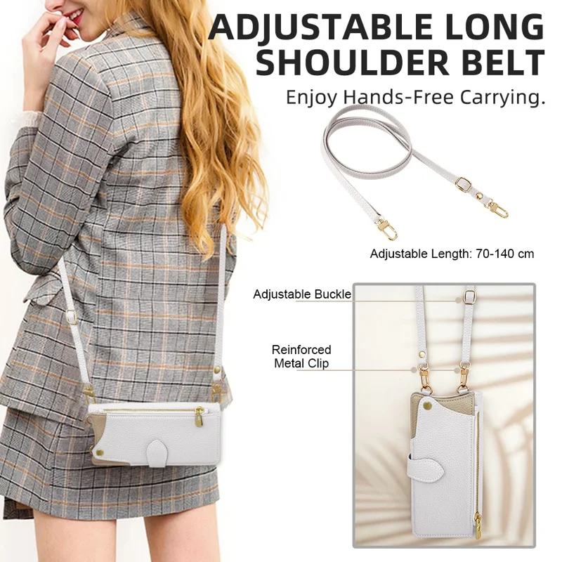For Samsung Galaxy A07 4G Leather Case Fishtail Design Folding Stand Wallet Phone Cover with Mirror Long Strap Short Strap - White