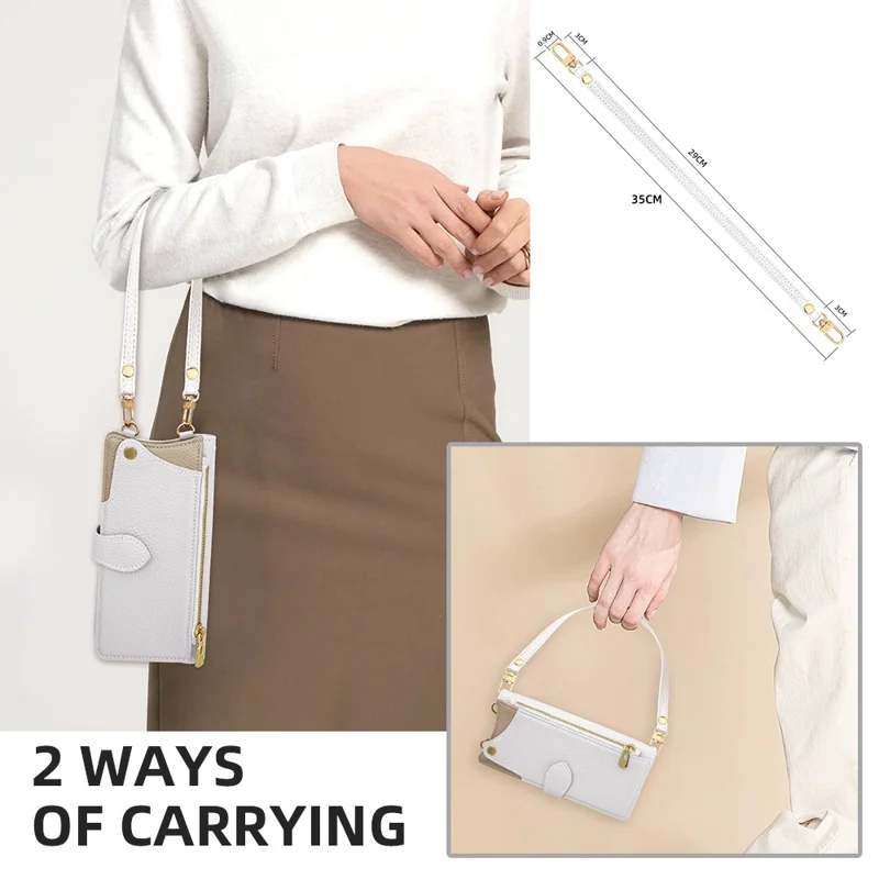 For Samsung Galaxy A07 4G Leather Case Fishtail Design Folding Stand Wallet Phone Cover with Mirror Long Strap Short Strap - White