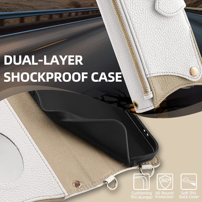 For Samsung Galaxy A07 4G Leather Case Fishtail Design Folding Stand Wallet Phone Cover with Mirror Long Strap Short Strap - White