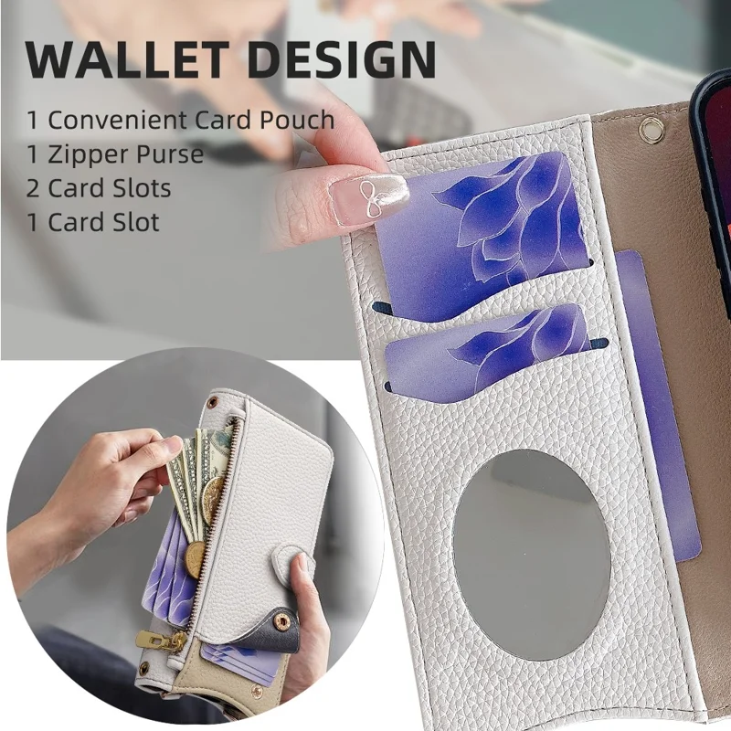 For Samsung Galaxy S24 Ultra Leather Case Fishtail Design Folding Stand Wallet Phone Cover with Mirror Long Strap Short Strap - White