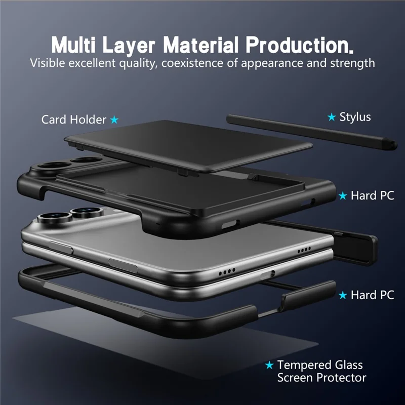 For iPhone Duo Case Hard PC Phone Cover with Card Holder Screen Protector - Black