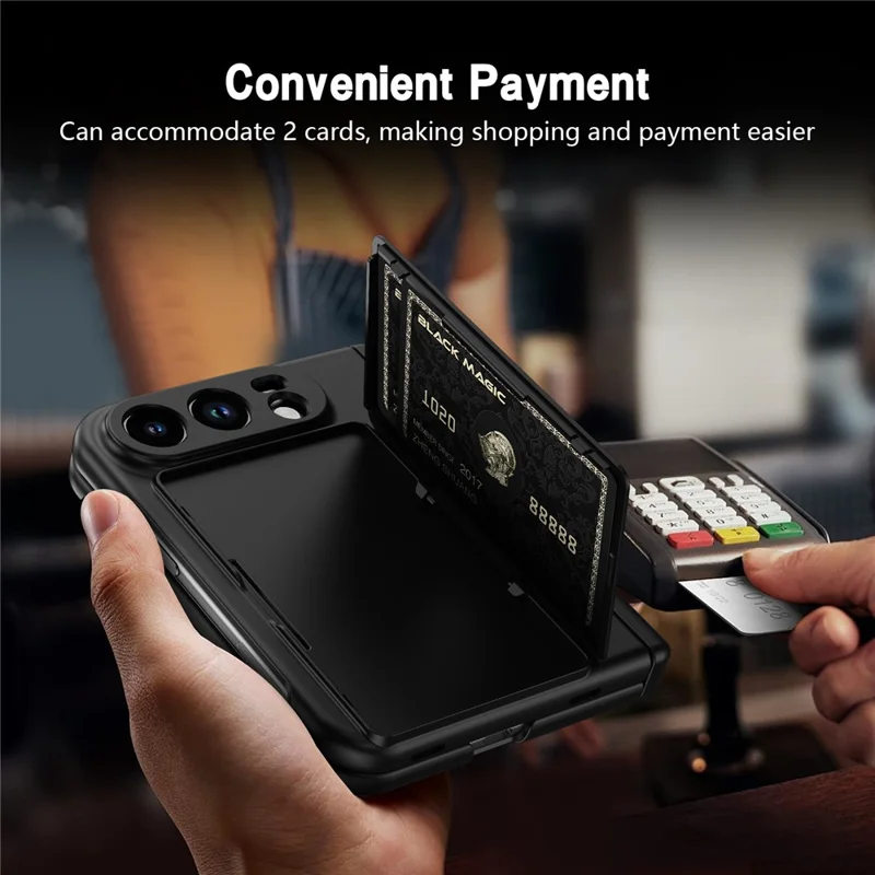 For iPhone Duo Case Hard PC Phone Cover with Card Holder Screen Protector - Black