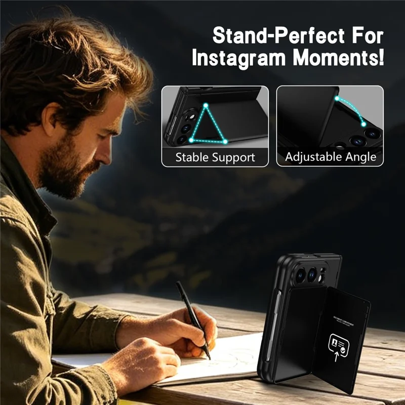 For iPhone Duo Case Hard PC Phone Cover with Card Holder Screen Protector - Black