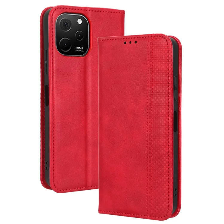 Capa de Celular Protetora Para Huawei Nova Y61 4G / Desfrute de 50z 4G Stand Stand Retro Textura Padrão Impresso PU Couro Magnetic Auto Fechamento Auto Tampa do Telefone - Vermelho