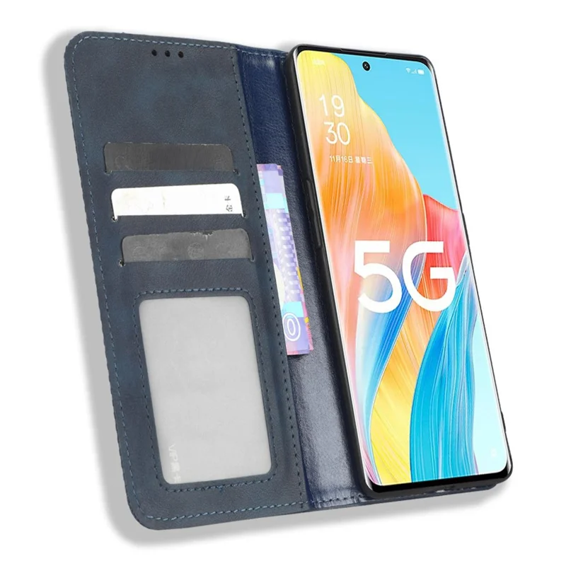 For Oppo A1 Pro 5G / Reno8 T 5G Anti-fall Mobile Phone Case Retro Texture Imprinted Pattern PU Leather Magnetic Auto Closing Flip Wallet Cover - Blue