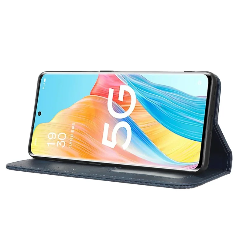 For Oppo A1 Pro 5G / Reno8 T 5G Anti-fall Mobile Phone Case Retro Texture Imprinted Pattern PU Leather Magnetic Auto Closing Flip Wallet Cover - Blue