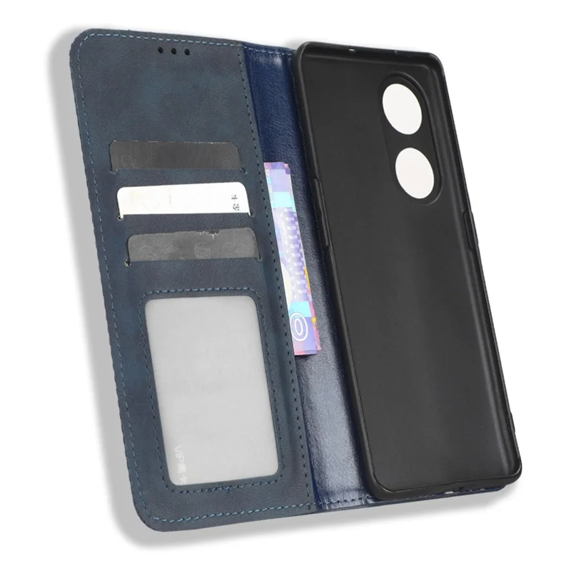 For Oppo A1 Pro 5G / Reno8 T 5G Anti-fall Mobile Phone Case Retro Texture Imprinted Pattern PU Leather Magnetic Auto Closing Flip Wallet Cover - Blue