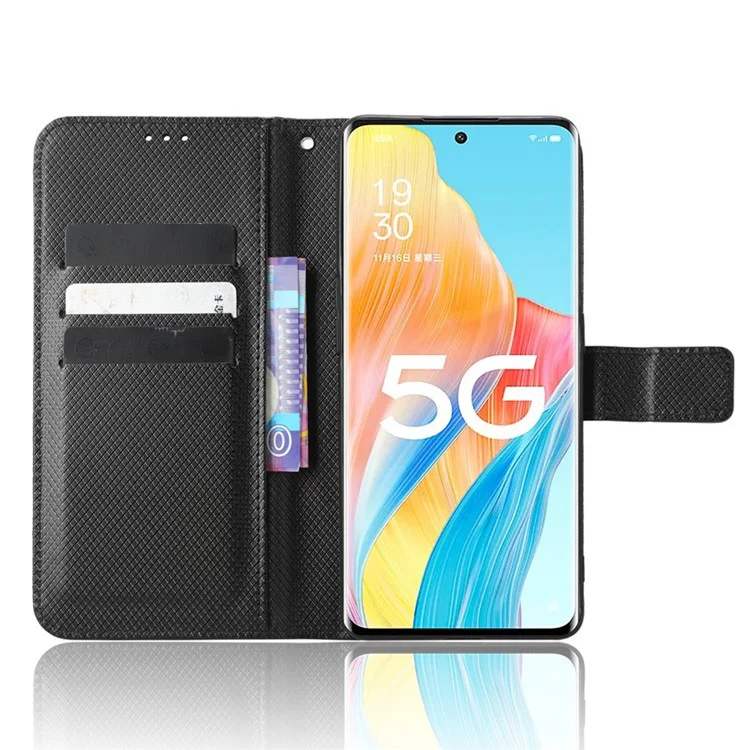 Para Oppo A1 Pro 5G Diamond Textura PU Caelo Capelo de Capelo Anti-raco Stand Dolho Stand Stand Staplet Smartphone Tampa de Smartphone - Preto