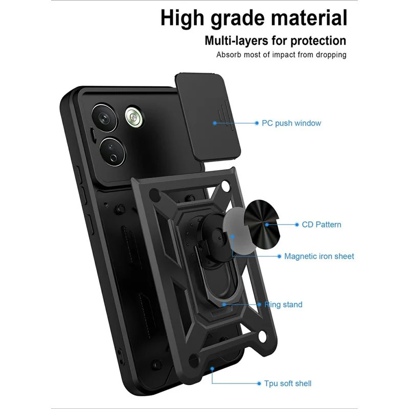 For Xiaomi Redmi Note 17 Pro Max 5G Case with Slide Camera Lid PC + TPU Kickstand Phone Cover - Black