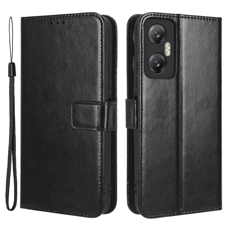Para Infinix Hot 20 5g / X666 / X666B Crazy Horse Texture PU Flip Flip Stand Case de Teléfono a Prueba de Choque Cubierta Con Correa - Negro