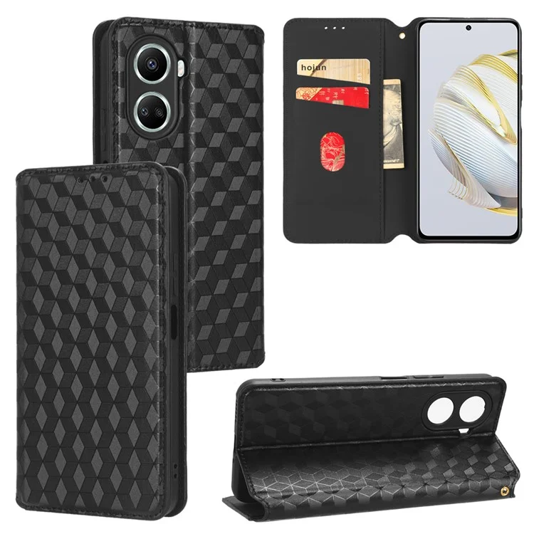 Für Huawei Nova 10 SE 4G Rhombus Muster Geprägtes PU Leder-telefon-stand Wallet Wallet Deckung Magnetische Automatische Absorbemittel Telefonhülle - Schwarz
