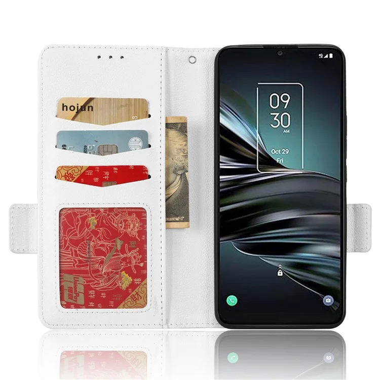 For TCL 20 XE Litchi Texture PU Leather Phone Case Dual Magnetic Clasp Wallet Stand Anti-drop Cover - White