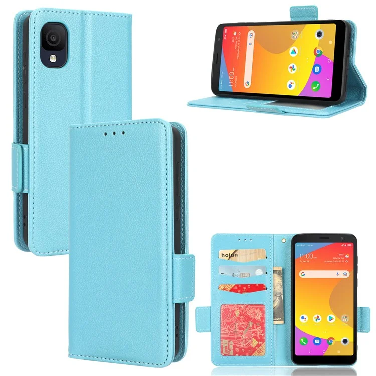 cu Leather Phone Case Для TCL Ion Z, Двойная Магнитная Застежка Litchi Texture Folio Flip Cover с Кошельком Подставки - Нежно Голубые