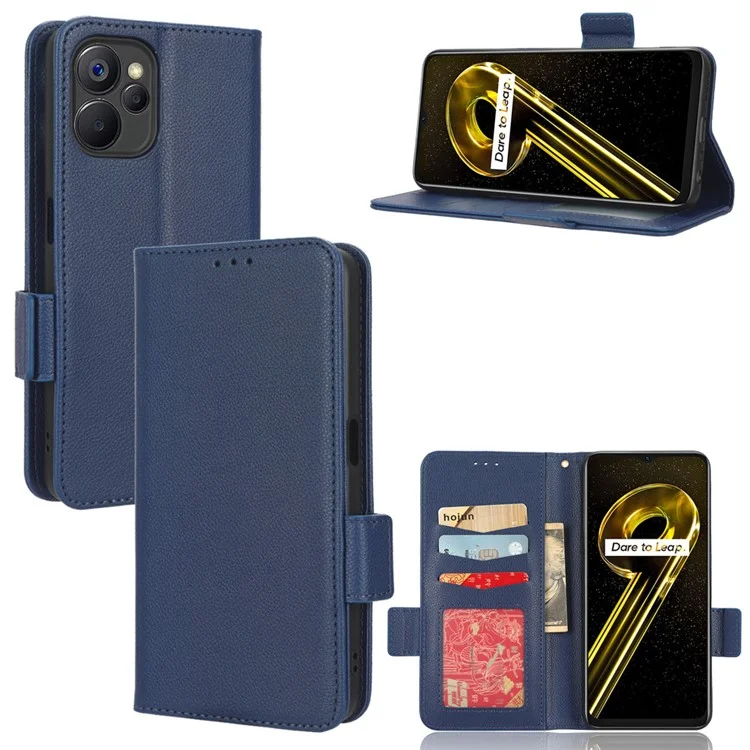 Per Realme 10 5G / 9i 5g Litchi Texture PU Portafoglio in Pelle Custodia Doppia Chiusura Magnetica Copertina Telefonica Anti-scratch - Blu Scuro