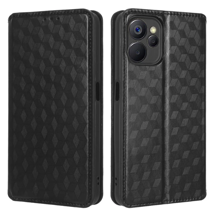 Für Realme 10 5g / 9i 5G Rhombusmuster Geprägt PU Leder Telefon Hülle Magnetische Automatisch Absorbierte Stand Brieftasche Folio Flip Cover - Schwarz