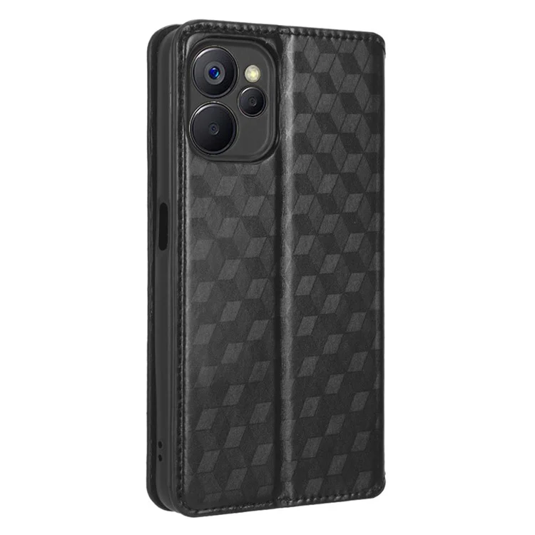 Für Realme 10 5g / 9i 5G Rhombusmuster Geprägt PU Leder Telefon Hülle Magnetische Automatisch Absorbierte Stand Brieftasche Folio Flip Cover - Schwarz
