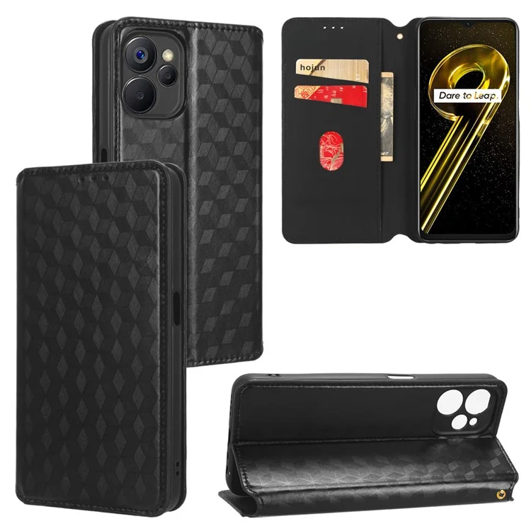 Für Realme 10 5g / 9i 5G Rhombusmuster Geprägt PU Leder Telefon Hülle Magnetische Automatisch Absorbierte Stand Brieftasche Folio Flip Cover - Schwarz